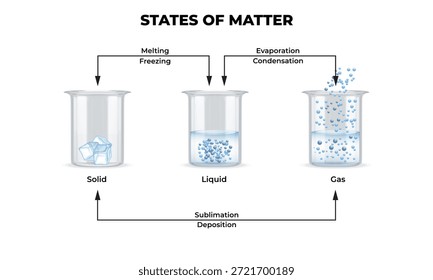 Educational science poster illustrating the three fundamental states of matter: solid, liquid, and gas. This vector diagram shows the molecular structure and particle arrangement in each phase, highlighting how atoms move and interact. Perfect for chemistry or physics classroom materials, textbooks, school projects, and academic presentations. High-quality vector illustration with clean labels and professional design.