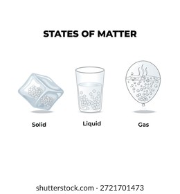 Cartaz de ciência educacional ilustrando os três estados fundamentais da matéria: sólido, líquido e gás. Este diagrama vetorial mostra a estrutura molecular e o arranjo de partículas em cada fase, destacando como os átomos se movem e interagem. Perfeito para materiais de química ou física em sala de aula, livros didáticos, projetos escolares e apresentações acadêmicas. Ilustração vetorial de alta qualidade com rótulos limpos e design profissional.