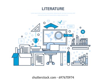 Educational, scientific literature, research works, statistics, knowledge base, reference materials, data. Classroom, teaching, education, knowledge. Illustration thin line design of vector doodles.