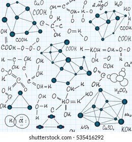 Educational scientific vector endless seamless pattern with chemistry formulas, plots and equations, handwritten on a grid copybook paper