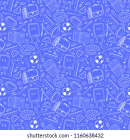 Educational seamless pattern for banner, cover, poster, advertisement, back to school design, blue violet purple colors, hand drawn elements, doodle style, many stationary objects line art drawing.