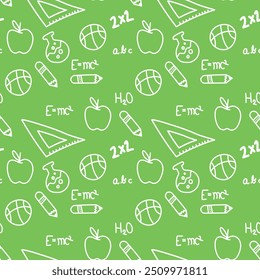 Educational seamless pattern with science, sport, letters, numbers and math icons.