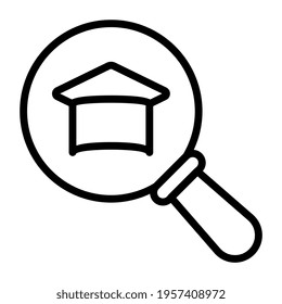 Icono de búsqueda educativa, diseño de contorno de mortarboard dentro del lupa