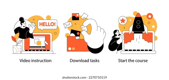 Ilustraciones de conceptos educativos y de autodesarrollo. Diferentes personas involucradas en el proceso educativo. Concepto de formación, seminarios, regreso a la escuela, cursos en línea.