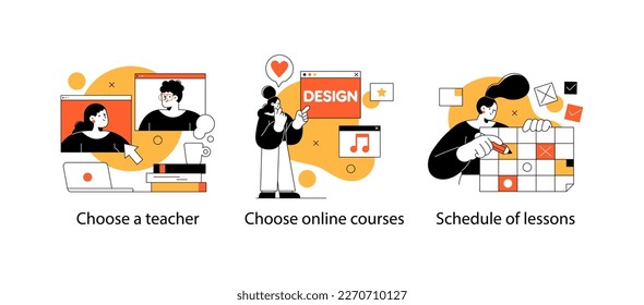 Educational and Self-Development Concept Illustrations. Different people inolved in education process. Concept for trainings, seminars, back to school, online courses.