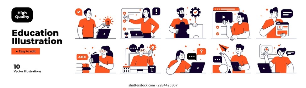 Educational and Self-Development Concept Illustrations. Different people inolved in education process. Concept for trainings, seminars, back to school, online courses. Vector illustration