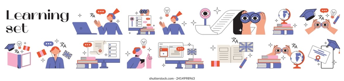 Educational and Self-Development Concept Illustrations. Different people involved in education process, learning languages. Concept for trainings, seminars, back to school, online courses. Vector flat