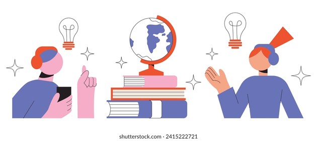 Educational and Self-Development Concept Illustrations. Different people involved in education process, learning languages. Concept for trainings, seminars, back to school, online courses. Vector flat