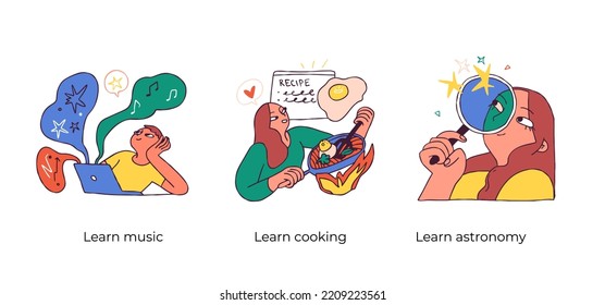 Educational and Self-Development. Concept for trainings, seminars, online courses. Learn music, cooking and astronomy. Visual stories collection