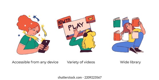 Educational and Self-Development. Concept for trainings, seminars, online courses. Accessible from any device, Variety of videos, Wide library. Visual stories collection