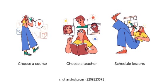 Educational and Self-Development. Concept for trainings, seminars, online courses. Choose a course, Choose a teacher, Schedule lessons. Visual stories collection