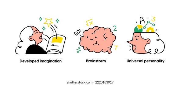 Educational and Self-Development. Concept for trainings, seminars, online courses. Development imagination, Brainstorm, Universal personality. Visual stories collection