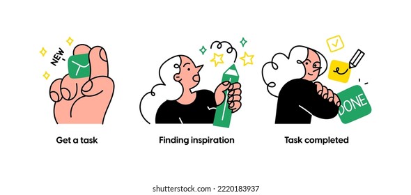 Educational and Self-Development. Concept for trainings, seminars, online courses. Get a task, Finding inspiration, Task completed. Visual stories collection