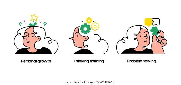 Educational and Self-Development. Concept for trainings, seminars, online courses. Personal growth, Thinking training, Problem solving. Visual stories collection