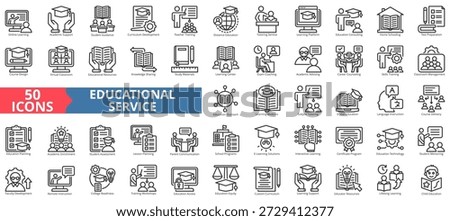 educational service icon set outline style illustration. containing home schooling, test preparation, course design, language instruction, parent communication, child education, college readiness