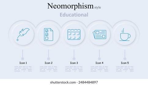 Educational set icon. Feather pen, checklist, calendar, newspaper, coffee cup, learning, study tools, education, school