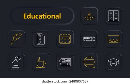 Educational set icon. Quill, checklist, calendar, school bus, classroom, lamp, coffee, newspaper, speech bubble, graduation cap. Learning, academic, education concept.