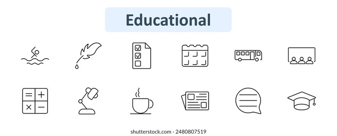 Icono educativo. Nadador, pluma, lista de verificación, calendario, autobús escolar, aula, calculadora, lámpara de escritorio, taza de café, periódico, burbuja de voz, gorra de graduación. Educación, aprendizaje, escuela