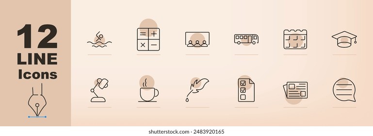 Educational set icon. Swimming, calculator, classroom, bus, calendar, graduation cap, desk lamp, coffee, feather, documents, news, speech bubble, school activities, learning tools, academic supplies