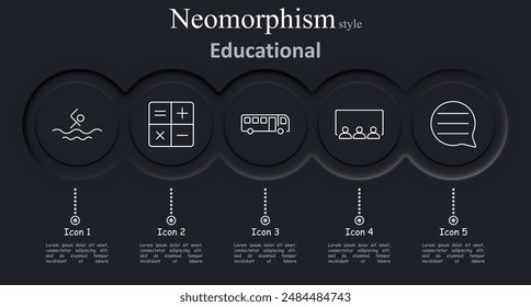 Educational set icon. Swimming, calculator, bus, classroom, speech bubble, education, learning, school, transport, mathematics, communication, teaching, student, lesson, neomorphism