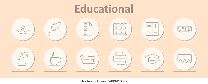 Icono educativo. Natación, pluma, lista de verificación, calendario, calculadora, autobús, lámpara, café, noticias, discurso, gorra de graduación, aula.