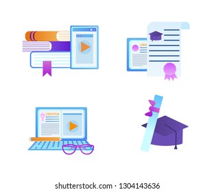 Educational Set of Icons. Textbooks with Tablet, Diploma Certificate with Seal, Laptop with Pencil and Glasses, Square Academic Cap with Scroll Isolated on White Background. Flat Vector Illustration.