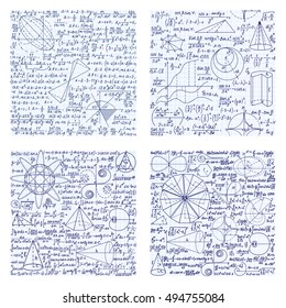 Educational set of math vector seamless textures with handwritten mathematical formulas