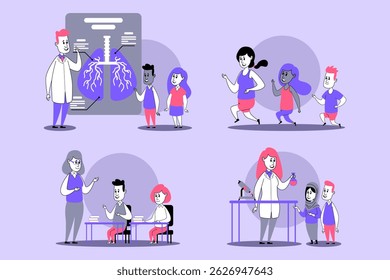 Conjunto educacional de várias atividades de aprendizagem interativa para crianças, destacando ciência, educação física e projetos colaborativos em ambientes coloridos