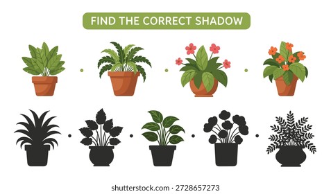 Jogo educativo de sombras para crianças com quatro plantas domésticas coloridas e cinco silhuetas pretas correspondentes.