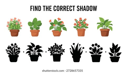 Jogo de correspondência de sombra educacional para crianças com diferentes tipos de plantas de vaso interno em vasos de barro de terracota.