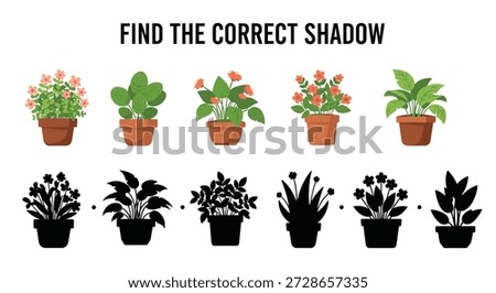 Educational shadow matching game for children featuring different types of indoor potted plants in terra cotta clay pots.
