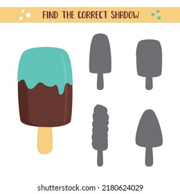 Educational shadow matching game with ice cream for children. Sweet food in flat style. Logic game for kids. Worksheet template. Find the correct shadow. vector illustration