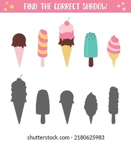 Educational shadow matching game with ice cream, quiz for children. Sweet food in flat style. Logic game for kids. Worksheet template. Find the correct shadow. vector illustration