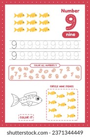 Hoja educativa con muchos ejercicios para niños de preescolar. Rastreo, color, cuenta peces en una página de tamaño a4. Aprende el número 9.
