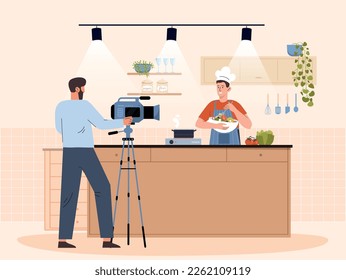 Educational show concept. Man with camera shoots young guy with salad, cooking master class from professional chef. Distance education and training tutorial. Cartoon flat vector illustration