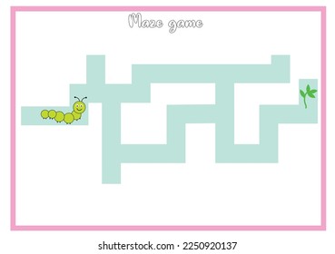 Educational simple maze game for preschool children. Caterpillar find leaf. Cartoon Vector illustration.