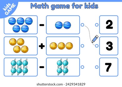 Educational space kids math game. Count cartoon planets and choose the number. Exercise for addition and subtraction education. Worksheet for school children. Vector design with Neptune, Venus, Uranus