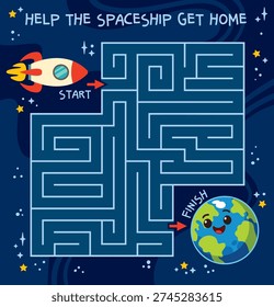 Educational space maze for kids where a spaceship travels to Earth. Fun learning activity that develops logic, attention, and problem-solving skills through an engaging space adventure