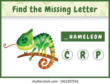 educational spelling game for kids find missing letter with a cute chameleon