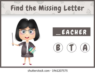 educational spelling game for kids find missing letter with a cute teacher girl