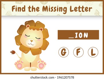 educational spelling game for kids find missing letter with a cute lion