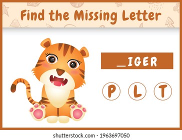 educational spelling game for kids find missing letter with a cute tiger