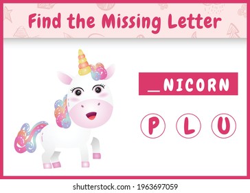 educational spelling game for kids find missing letter with a cute unicorn