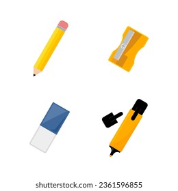 Educational stationery Pen, eraser, pencil sharpener, set on white background.