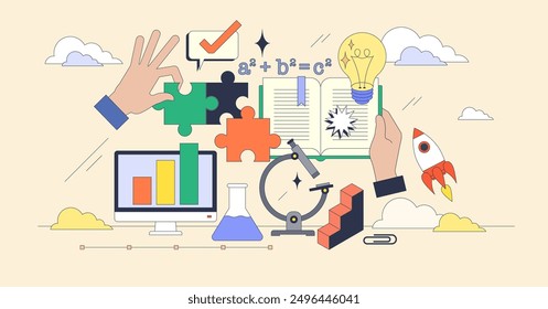 Educational STEM and practical learning tiny person neubrutalism concept. Science, mathematics, engineering and chemistry combination for research knowledge and analysis skills vector illustration.