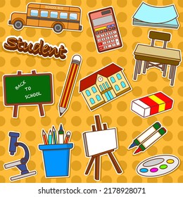 Educational stickers.  School bus, blackboard, drawing board, pencil case, pencil, school, calculator, notebook, desk, eraser, faded color, crayon, microscope  Doodle vector illustration.
