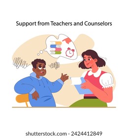 Educational stress concept. Concerned student discusses time management with school counselor. Vital role of support in academic success. Moment of guidance and reassurance. Flat vector illustration