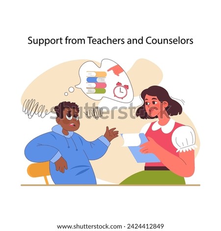 Educational stress concept. Concerned student discusses time management with school counselor. Vital role of support in academic success. Moment of guidance and reassurance. Flat vector illustration