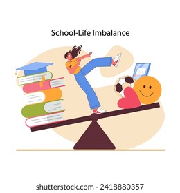 Educational stress concept. Student attempts to balance academic responsibilities with personal interests, embodying the school-life harmony challenge. Student life dynamics. Flat vector illustration