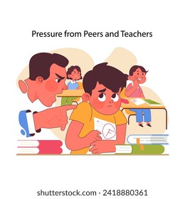 Educational stress concept. Student endures weight of expectations from peers and teacher, pressure manifesting in classroom setting. Silent battle for approval and respect. Flat vector illustration